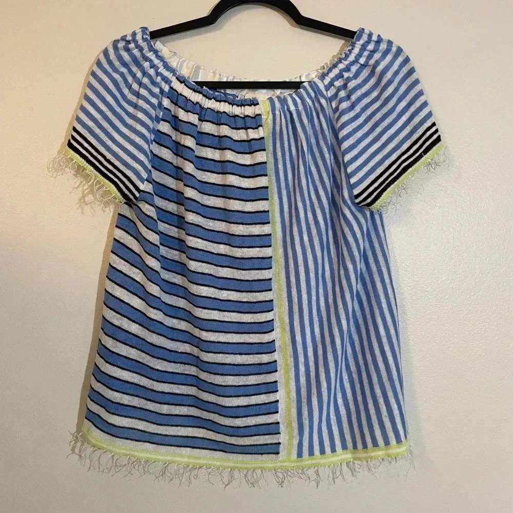 Lisa Todd Linen Off the Shoulder Beach Coastal Blue Green Stripes Tassel Fringe